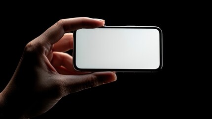 Close-up hand holding a phone with a blank white screen turned towards the camera. black background