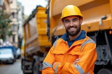 Cheerful construction worker in high visibility orange jacket and safety helmet stands confidently in front of a yellow truck