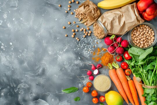 Vegan food background: Top view of various vegan ingredients 