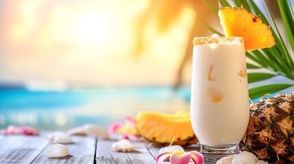 Pina colada cocktail in tropical setting with blurred beach background and text space - obrazy, fototapety, plakaty