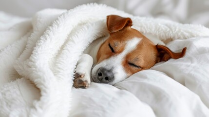 Adorable dog sleeping peacefully on white bed with blanket, happy dog with space for text
