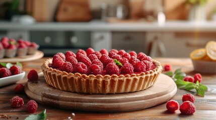 Pie with raspberries on a wooden rustic table