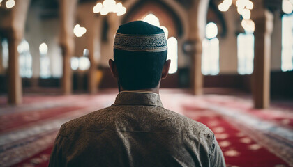 rear view of a Muslim worshipping in a mosque, copy space for text, wide angle lens 
