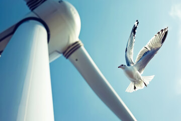 Seagull fyling torwards to a wind turbine - 738061662