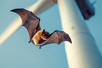 Bat flying torward to a wind turbine  - 738061675