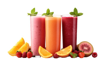 A Group of Three Glasses Filled With Different Types of Smoothies. A photo showcasing three glasses filled with various flavors of smoothies, each distinct in color and ingredients.