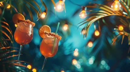 Fotobehang Abstract minimalistic background for a summer holiday party with palm trees, alcoholic cocktails, garlands © ArtCookStudio