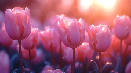 Fotobehang A field of pink tulips with the sun in the background © Maria Starus