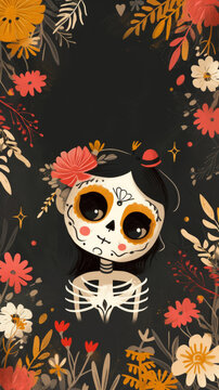 A girl in a skeleton costume with flowers on her head