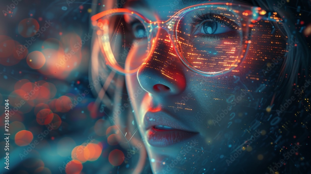 Poster Data analytics, digital technology, and night overlay. Programmer or IT person in glasses on a 3D screen, programming and cybersecurity research.