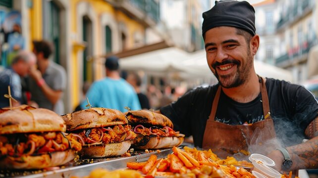 Bifanas Vendor at Lively Portuguese Street Market

