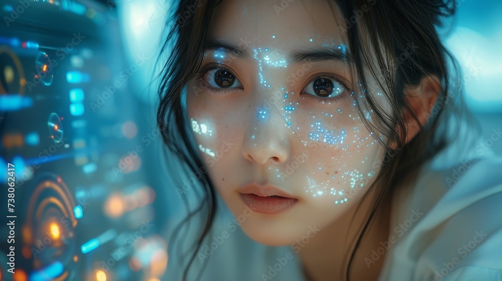 Aufkleber Concept: Staying up to date with technology in a fast-moving world. An Asian woman is using holographic technology to see her phone's data and functions.
