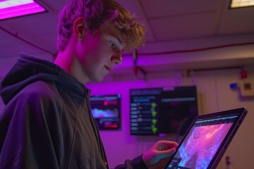 High school student solving math problems on a laptop during interactive learning remote lesson