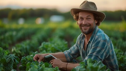 In Texas, a farmer, agronomist, or research man is on a tablet for a sustainability, production or industry growth analysis. Agronomists, farmers, or research persons are on a tablet in the