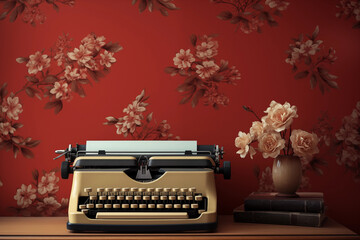 Old vintage typewriter on the wooden table in front of  floral wallpaper
