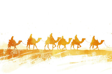 camel caravans walking side by side in the desert - obrazy, fototapety, plakaty