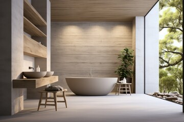Modern interior. Interior of modern bathroom with wooden walls, concrete floor, comfortable bathtub standing near wooden shelves with towels. 3d rendering