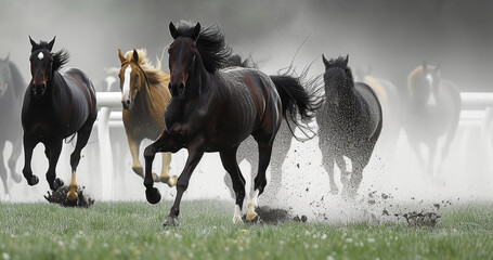 This high-speed image shows a herd of powerful horses galloping along a dusty path, with the focus on the lead horse