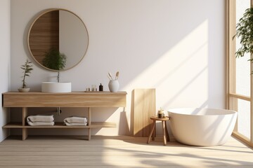 Minimalist bathroom interior. Interior of modern bathroom with white walls, wooden floor, comfortable white bathtub and round mirror. 3d rendering
