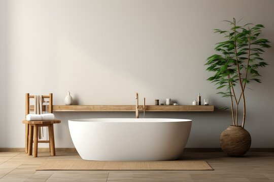 Interior of modern bathroom with white walls, wooden floor, comfortable white bathtub standing on wooden countertop. 3d rendering