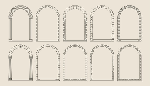 Boho frame arch vector illustration modern minimalistic retro aesthetic linear arc portal logo bohemian design element mystical geometric abstract border
