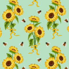 Colored background with sunflowers.Vector pattern with bees and bouquets of sunflowers on a colored background.