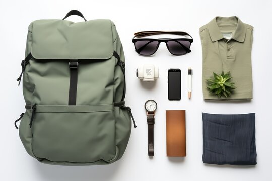 Green backpack and accessories on white background. Flat lay, top view. fashion and traveling accessories of men on flat lay composition. life style theme.