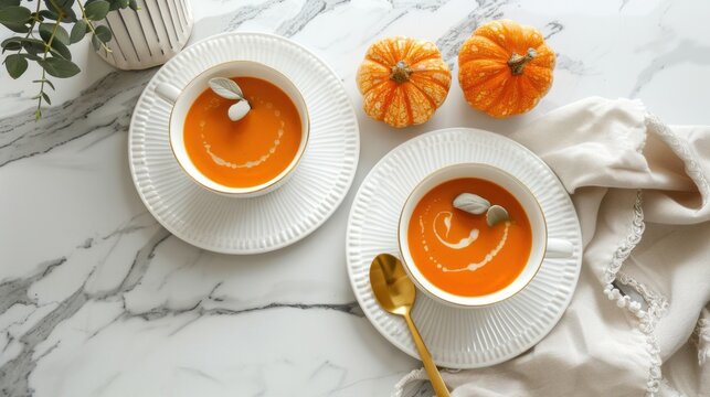 Beautiful photo of pumpkin soup in white plates on a white marble table