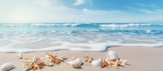 Photorealistic Image of the Sea and Sandy Beach with Seashells and Starfish on a Sunny Day, Eliciting a Sense of Tranquility and Natural Beauty, Perfect for Travel Brochures, Vacation Advertisements