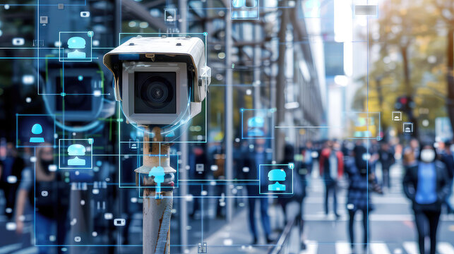 A crowd of people on the street and a facial recognition camera running it. Surveillance and information collection. Smart surveillance capturing data for urban planning.
