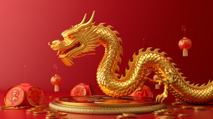 Fototapeta premium Dragon 3D chinese 2024 year gold new lunar cny podium happy background red golden. Chinese dragon 3D banner china festive illustration invitation money party green japanese render celebration blue 