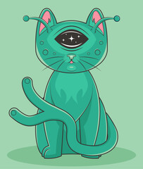 Green alien cat with one eye, split tail and antennas. Retro colors.