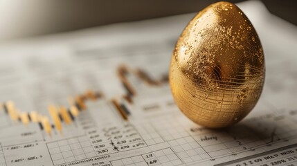 A glittering gold nest egg resting on a stock market report - obrazy, fototapety, plakaty