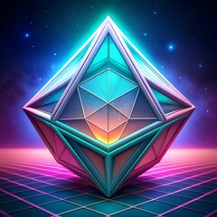 3d holographic geometric shape icosahedron. Metal simple figure for your design on 80s vaporwave background. 3d rendering illustration.