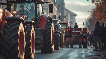 Farmers strike in city. People on strike protesting protests against tax increases, abolition of benefits by standing next to tractors on big city street  - obrazy, fototapety, plakaty