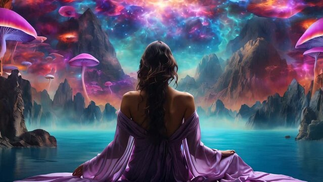 Mushroom fantasy landscape woman in meditation pose
