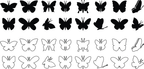 Butterflies silhouette black drawing flat or line icon set. Flaying butterflies vector collection isolated on transparent background. Use for graphic design, beauty, web and mobile app.