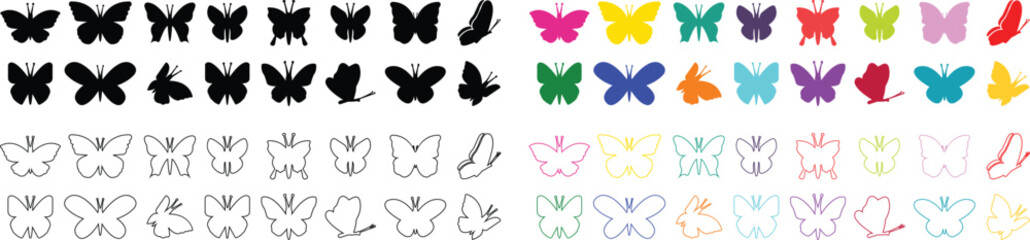Butterflies silhouette black and colorful drawing flat or line icon set. Flaying butterflies vector collection isolated on transparent background. Use for graphic design, beauty, web and mobile app.
