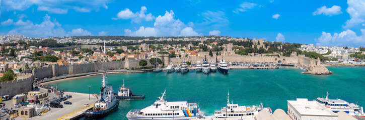 Greece Islands, scenic panoramic sea views of Rhodes island from docked cruise ship.