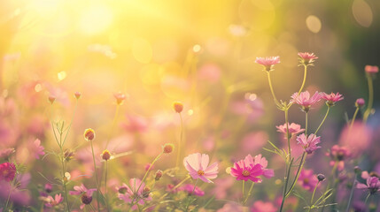 Flower field in sunlight, spring or summer garden background in closeup macro view or flowers meadow field in morning light
