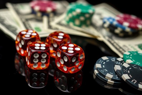 High-stakes gambling theme with stacks of poker chips and dice with money background