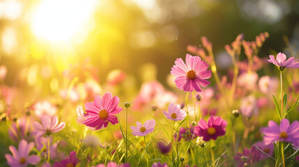 Obraz na płótnie Canvas Flower field in sunlight, spring or summer garden background in closeup macro view or flowers meadow field in morning light 