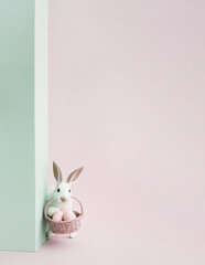 Cute bunny sneaking around the corner with easter basket, pastel, minimalist
