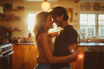 A warm, affectionate moment unfolds between a couple in a sunlit kitchen, highlighting their intimate connection