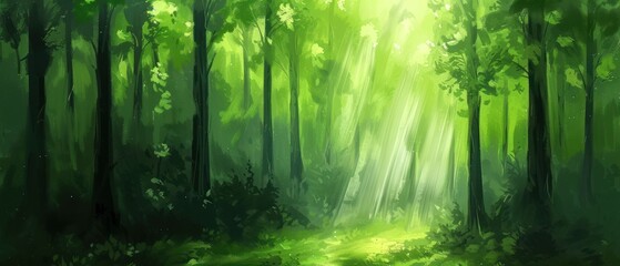 a painting of a green forest with sunlight coming through the trees and a path in the middle of the forest.