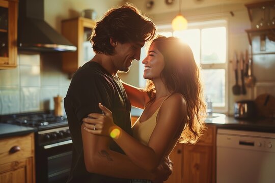 Backlit scene of a passionate embrace encapsulates affection and warmth in a home kitchen enriched by the glow of golden hour