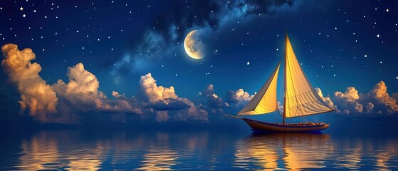 a sailboat floating in the middle of a body of water under a night sky with stars and the moon. - obrazy, fototapety, plakaty
