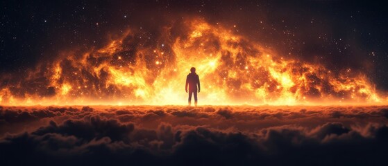a man standing in the middle of a field of clouds in front of a huge explosion of fire and lava. - obrazy, fototapety, plakaty