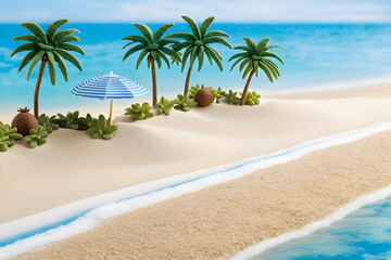 Miniature beach model, white sand, miniature azure waves, diminutive palm trees, a petite striped beach umbrella planted in the sand, a tiny vibrant beach ball. Generative AI - obrazy, fototapety, plakaty