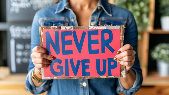 Motivational concept  woman holding sign  never give up  on blurry background, success inspiration.